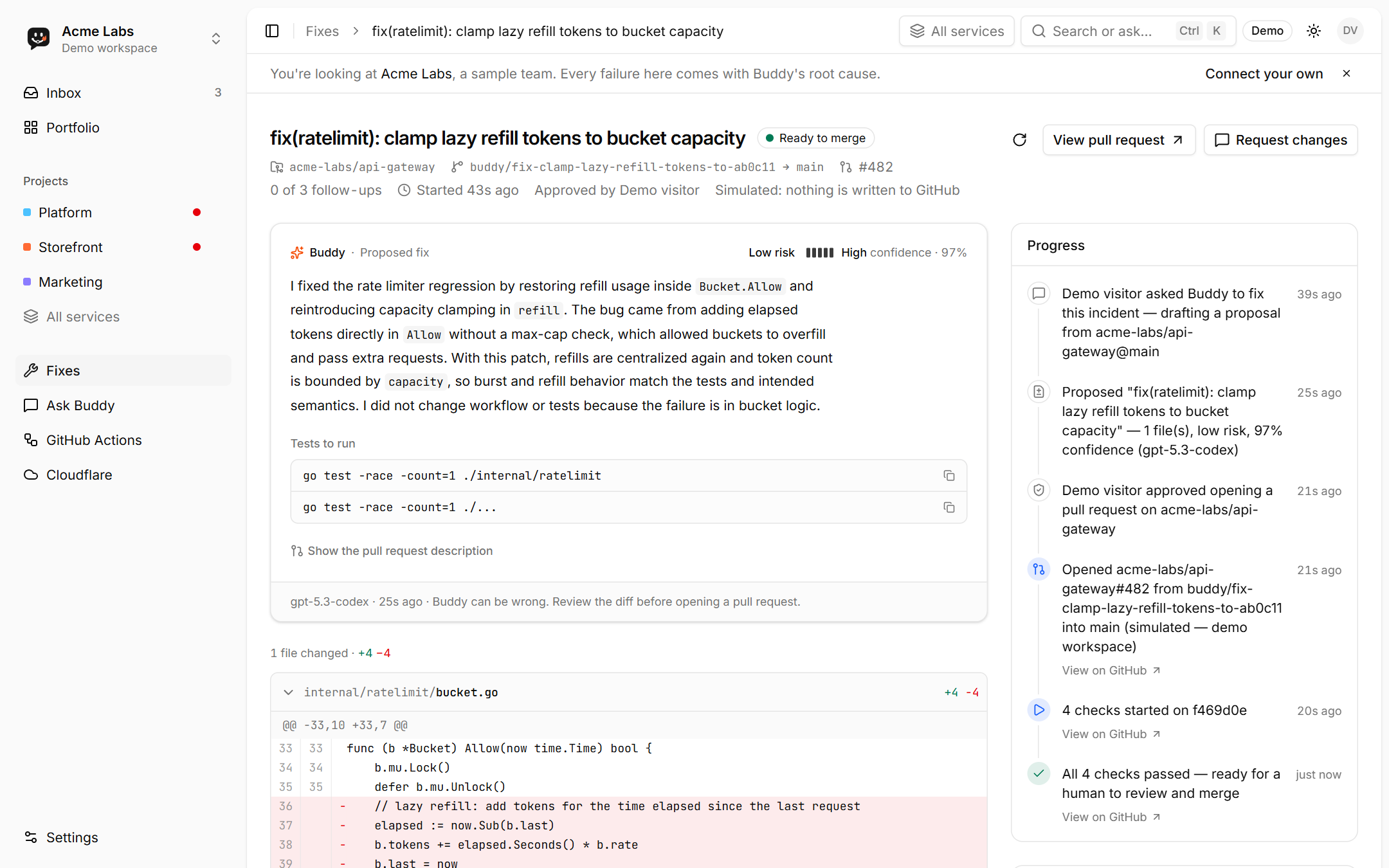 Fix review: the unified diff Buddy proposed and the pull request timeline with a follow-up commit