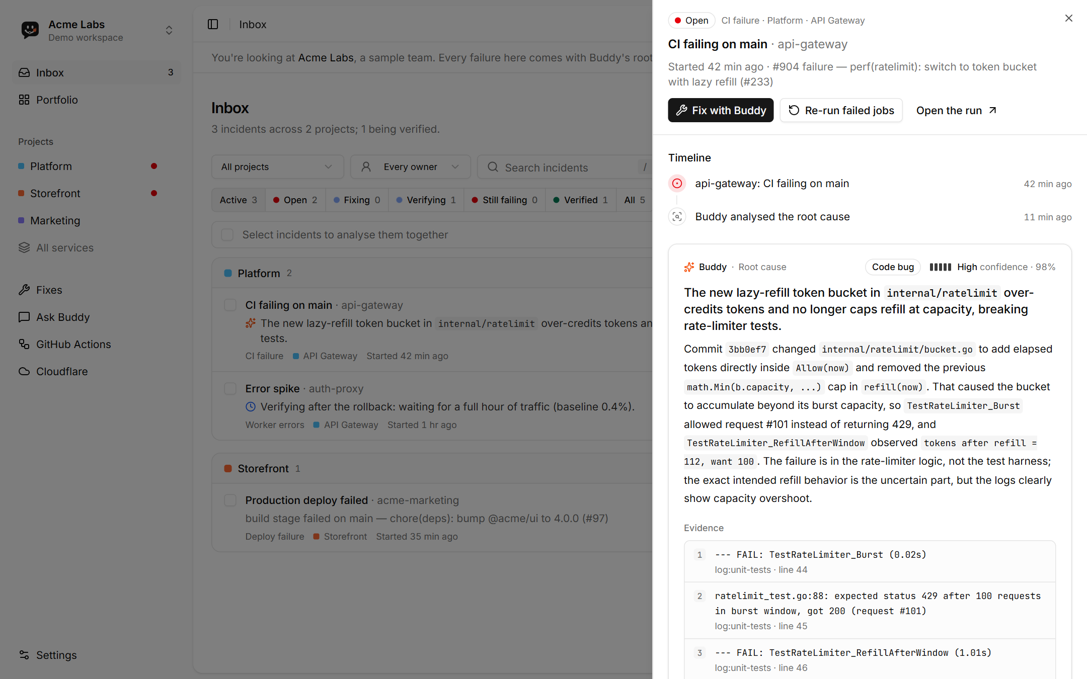 An incident page with Buddy's root cause: summary, confidence, evidence lines and the suggested fix
