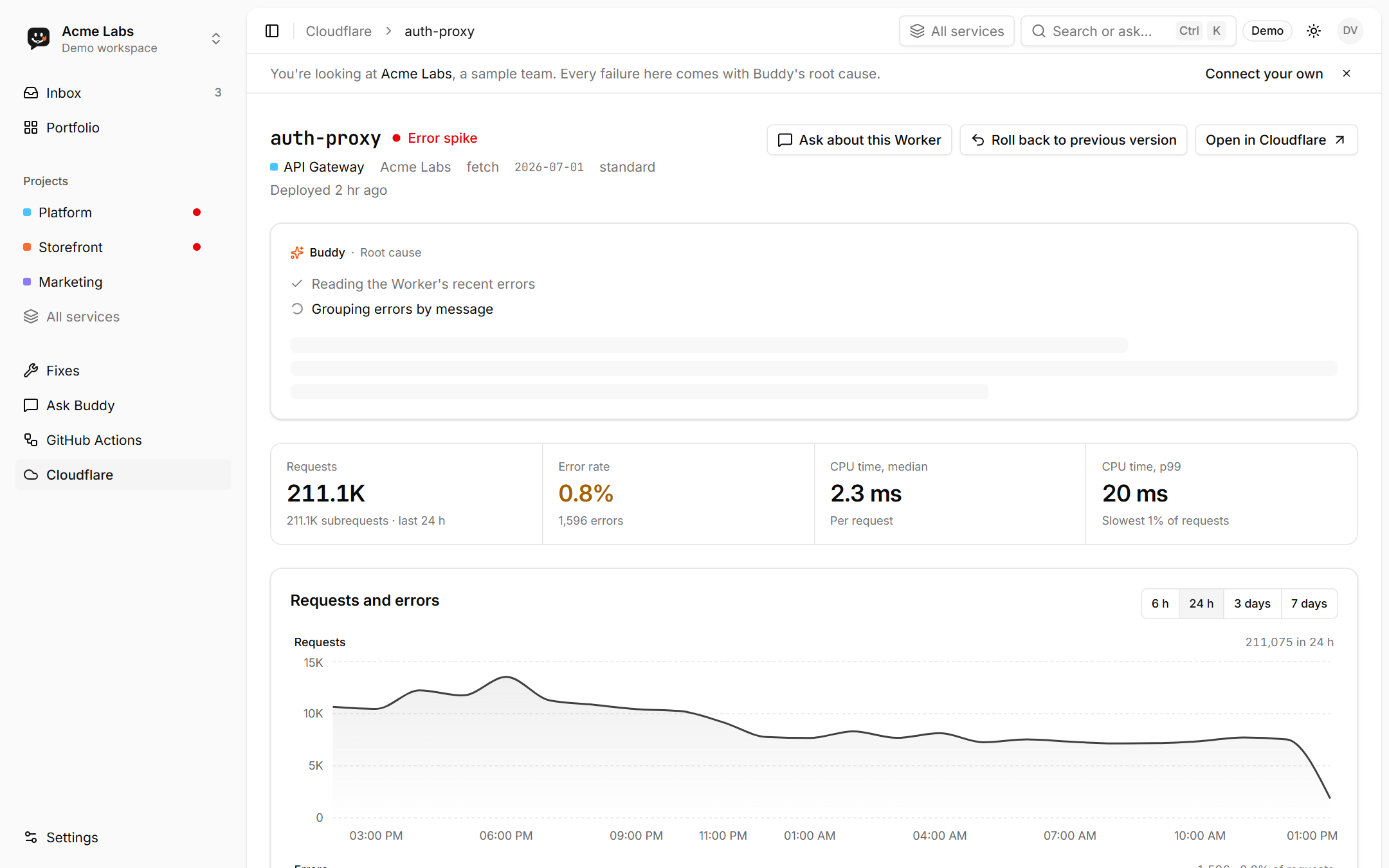 Worker page with request and error charts and recent log events